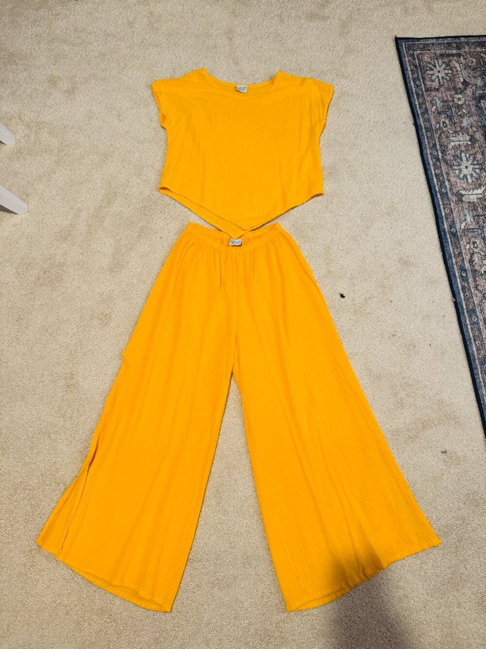 Oh My Gauze Orange Linen Set Womens S Cropped Short Sleeve Shirt Pull On Ankle P